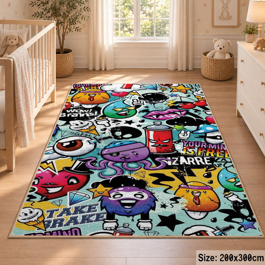 Comic Speech Bubble Collage area rug displayed in a nursery