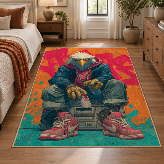 Illustrated Gorilla Duo area rug displayed in a bedroom