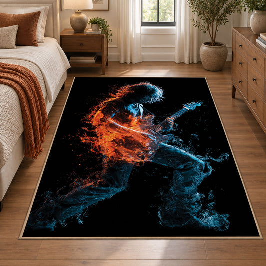 Fiery Guitar Player area rug displayed in a bedroom