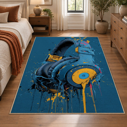 Blue Headphones Paint area rug displayed in a bedroom