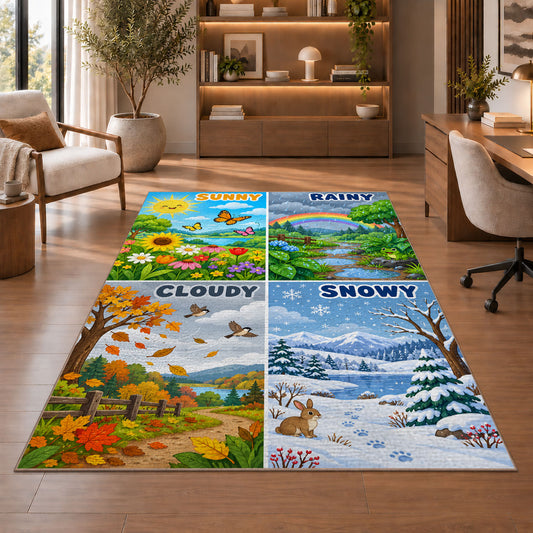 weather landscape learning rug displayed in a living room with wooden shelves