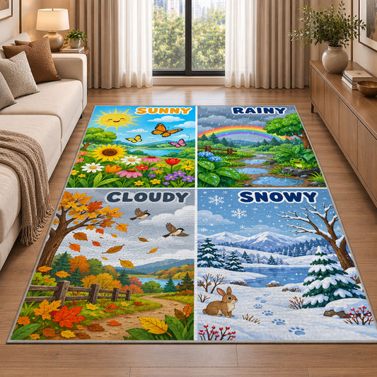 weather landscape learning rug displayed in a sunlit lounge beside a sofa