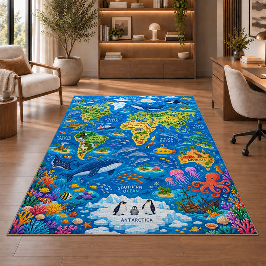 Blue world map rug with ocean animals and colorful coral in a living room with wooden shelves