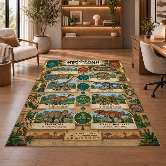 vintage dinosaur timeline rug displayed in a living room with wooden shelves