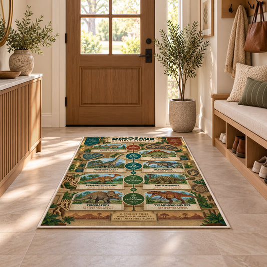 vintage dinosaur timeline rug displayed in a entryway beside a wooden door