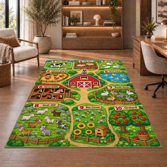 farm counting learning map rug displayed in a living room with wooden shelves