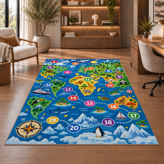 world map number adventure rug displayed in a living room with wooden shelves