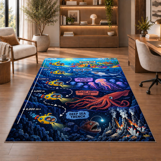 deep sea submarine adventure rug displayed in a living room with wooden shelves