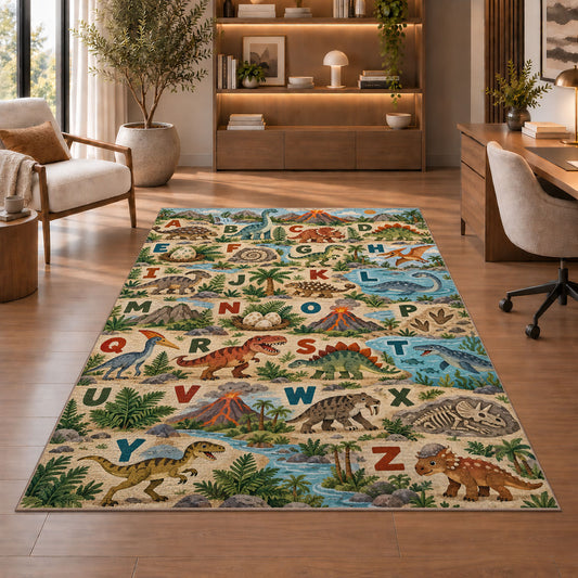 woodland animal alphabet rug displayed in a living room with wooden shelves