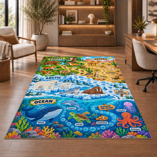 ocean and land wildlife learning map rug displayed in a living room with wooden shelves
