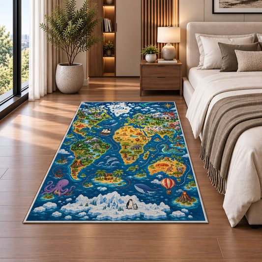 deep blue wildlife world map rug displayed in a bedroom beside the bed