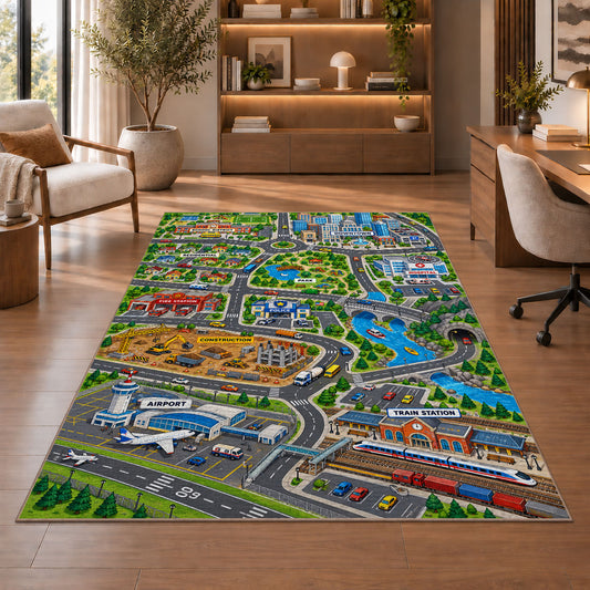 city airport road map rug displayed in a living room with wooden shelves