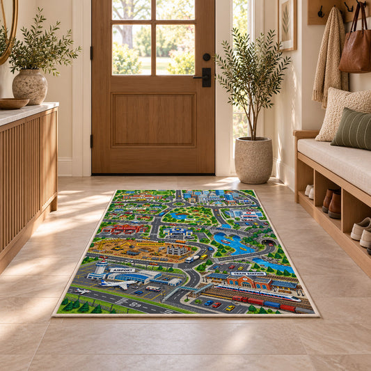 city airport road map rug displayed in a entryway beside a wooden door