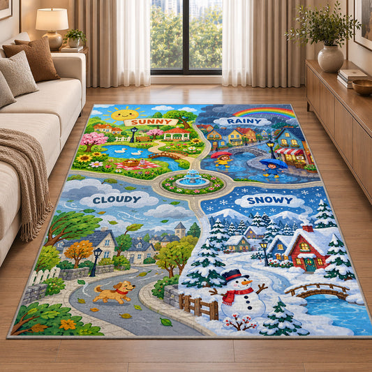 weather town road map rug displayed in a sunlit lounge beside a sofa