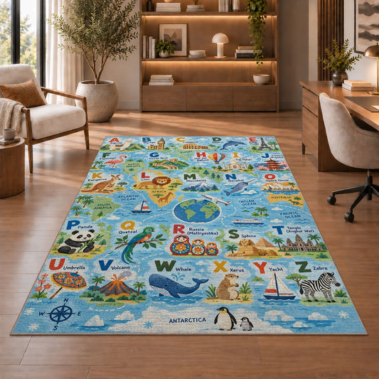 animal world map alphabet rug displayed in a living room with wooden shelves