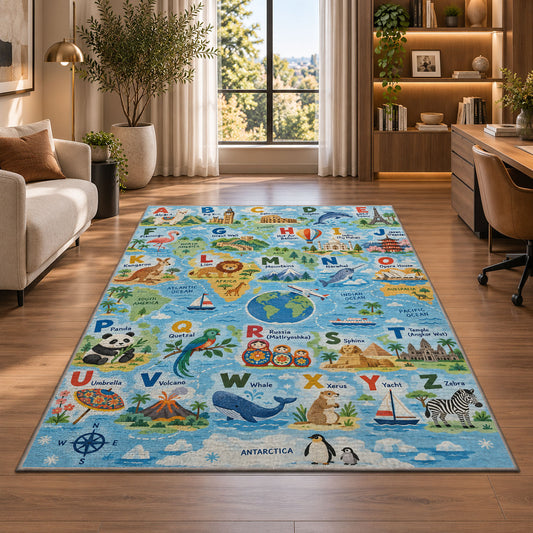 animal world map alphabet rug displayed in a lounge with wooden shelves
