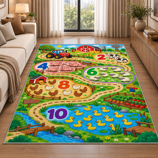 farm number trail learning rug displayed in a sunlit lounge beside a sofa