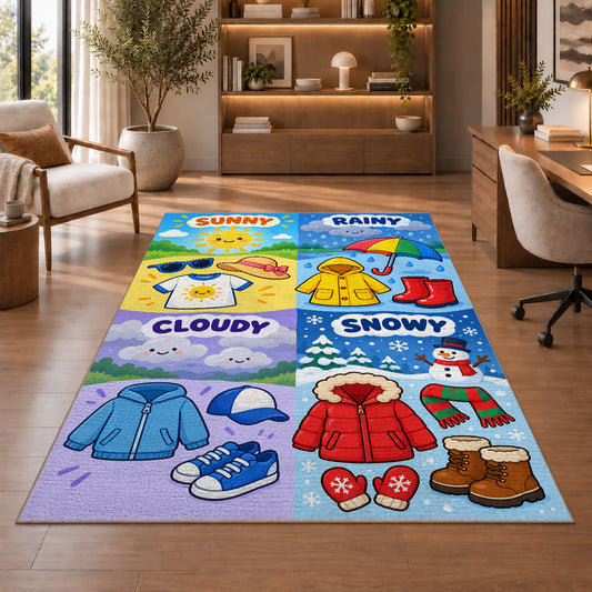 weather clothing match rug displayed in a living room with wooden shelves