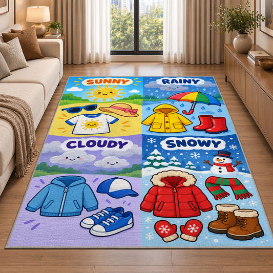 weather clothing match rug displayed in a sunlit lounge beside a sofa