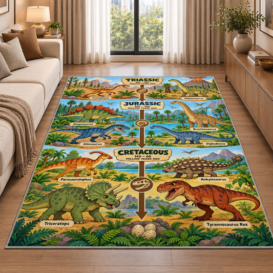 green dinosaur era timeline rug displayed in a sunlit lounge beside a sofa