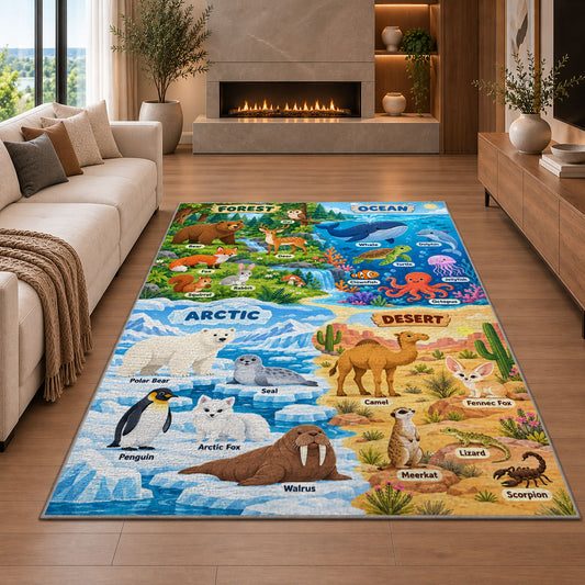 four habitat wildlife discovery map rug displayed in a living room with a fireplace