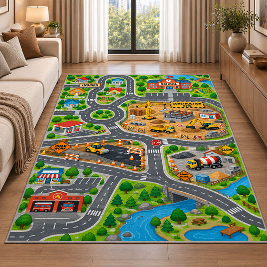 construction city road map rug displayed in a sunlit lounge beside a sofa