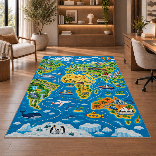 blue animal geography map rug displayed in a living room with wooden shelves