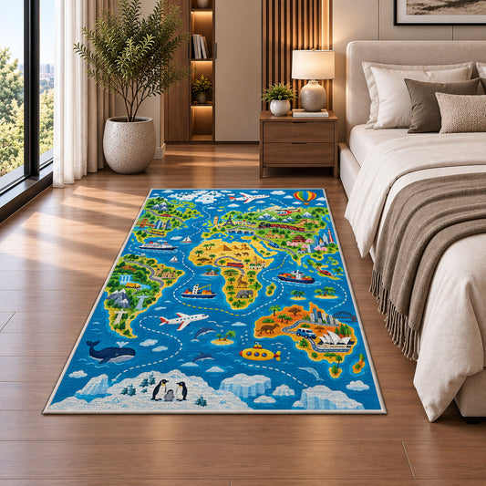 blue animal geography map rug displayed in a bedroom beside the bed