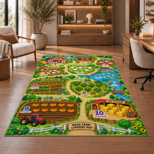 farm learning adventure map rug displayed in a living room with wooden shelves