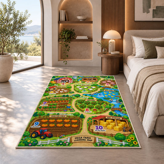 farm learning adventure map rug displayed in a bedroom in sunlight