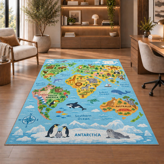 light blue wildlife world map rug displayed in a living room with wooden shelves