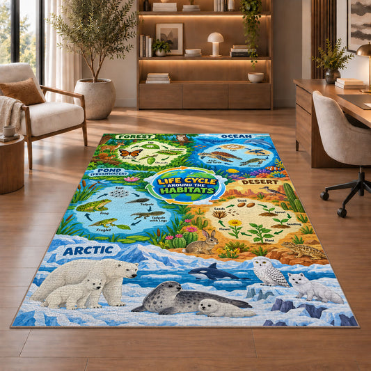 animal life cycles and habitat map rug displayed in a living room with wooden shelves