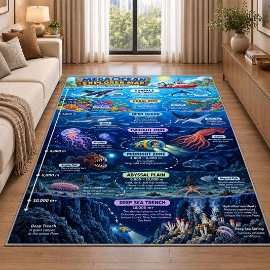 ocean zones exploration rug displayed in a sunlit lounge beside a sofa