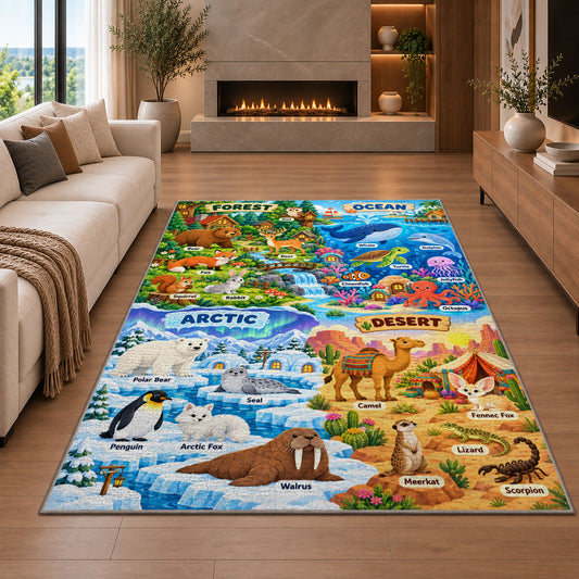 forest ocean and desert animal explorer rug displayed in a living room with a fireplace