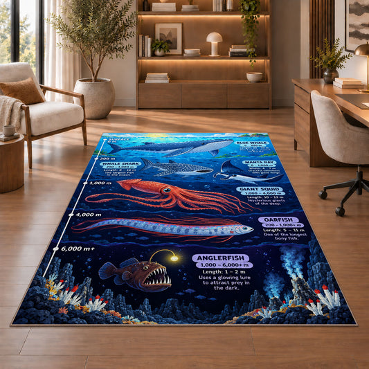 giant squid deep ocean rug displayed in a living room with wooden shelves