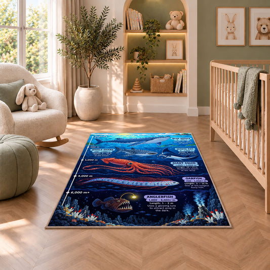 giant squid deep ocean rug displayed in a nursery beside an upholstered chair