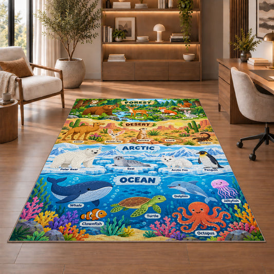 layered wildlife habitat learning chart rug displayed in a living room with wooden shelves