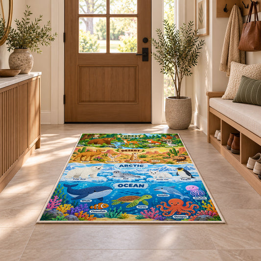 layered wildlife habitat learning chart rug displayed in a entryway beside a wooden door