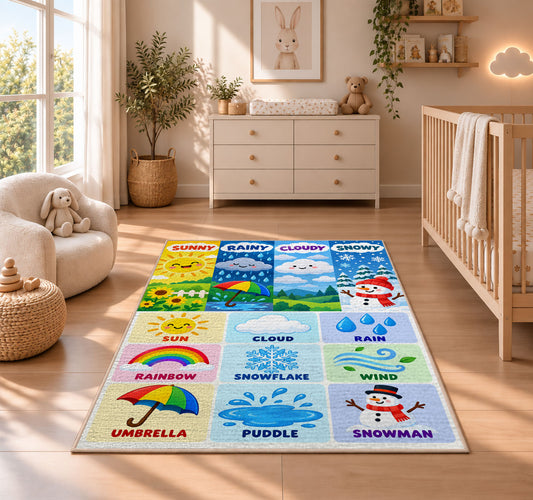 weather vocabulary icons rug displayed in a nursery beside a crib