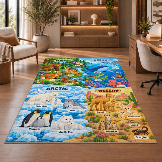 colorful animal environment learning map rug displayed in a living room with wooden shelves
