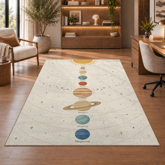 pastel planet orbit learning rug displayed in a living room with wooden shelves
