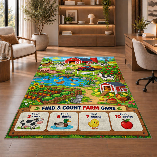 farm find and count activity rug displayed in a living room with wooden shelves