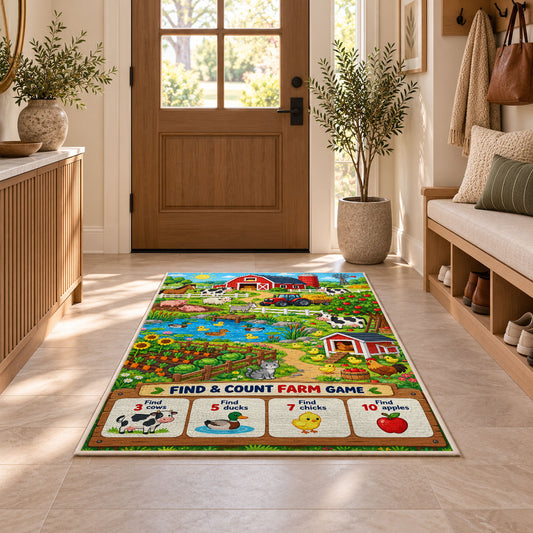 farm find and count activity rug displayed in a entryway beside a wooden door