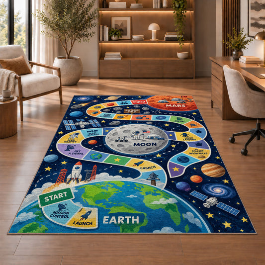 earth moon and mars space mission game rug displayed in a living room with wooden shelves