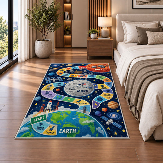 earth moon and mars space mission game rug displayed in a bedroom beside the bed