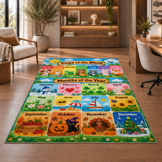 days and months garden calendar rug displayed in a living room with wooden shelves