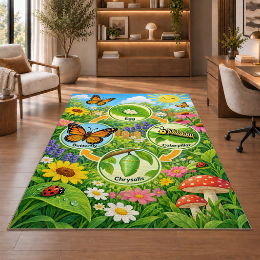 butterfly life cycle garden learning rug displayed in a living room with wooden shelves