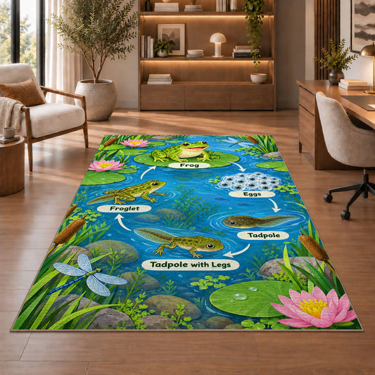 frog life cycle pond learning rug displayed in a living room with wooden shelves