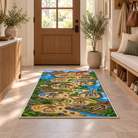 dinosaur footprint counting trail rug displayed in a entryway beside a wooden door