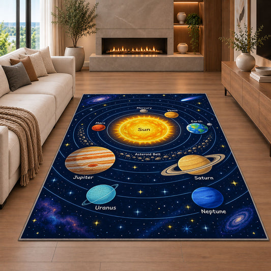solar system orbit learning map rug displayed in a living room with a fireplace
